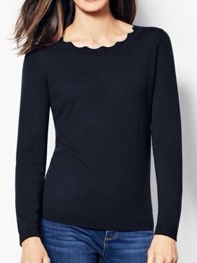 Talbots Perfect Sweater 100% Merino Wool Womens XL Black Scalloped Neck Classic
